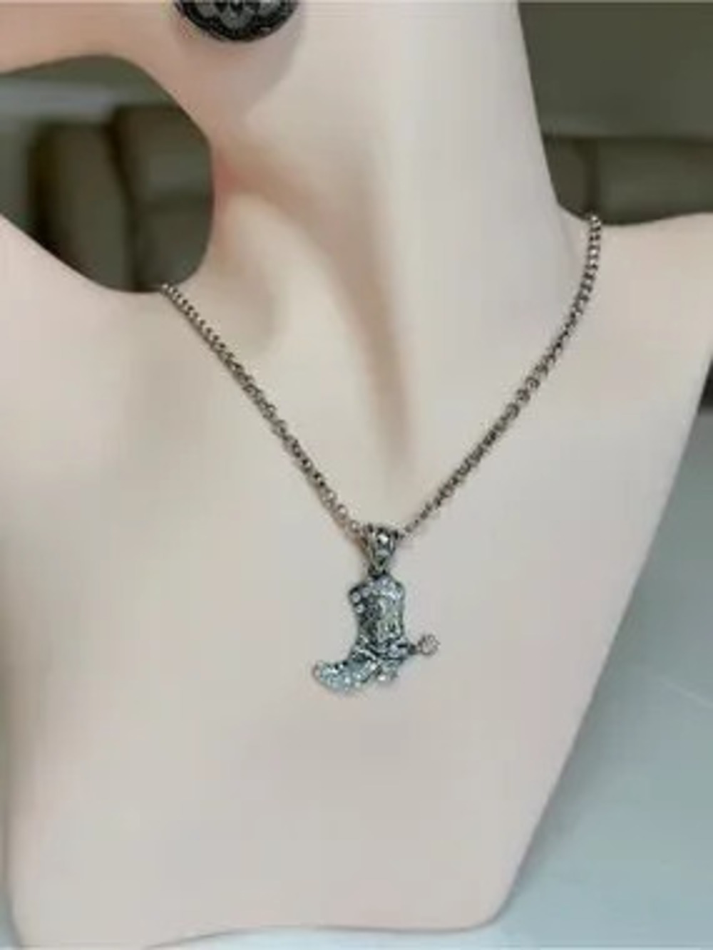 Silver Crystal Cowboy Boot Pendant Necklace